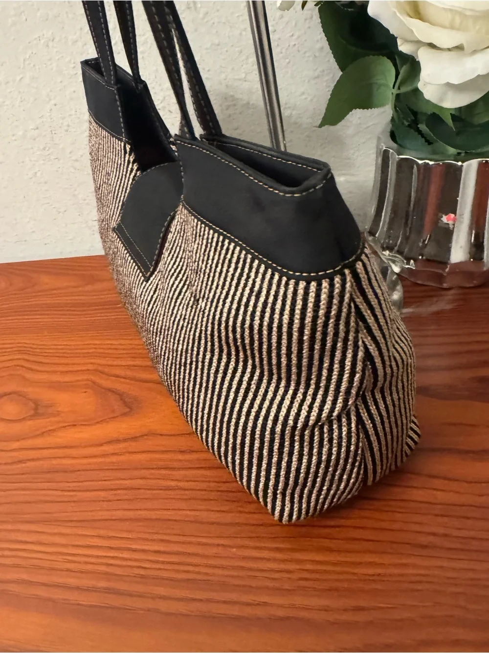The Sak Striped Tote with Bright Pink Interior and Black Trim